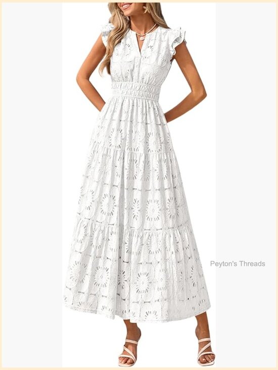 Dresses & Skirts - Boho Maxi Dress Floral Lace Eyelet V Neck Flutter Sleeve Wedding Guest Vacay
